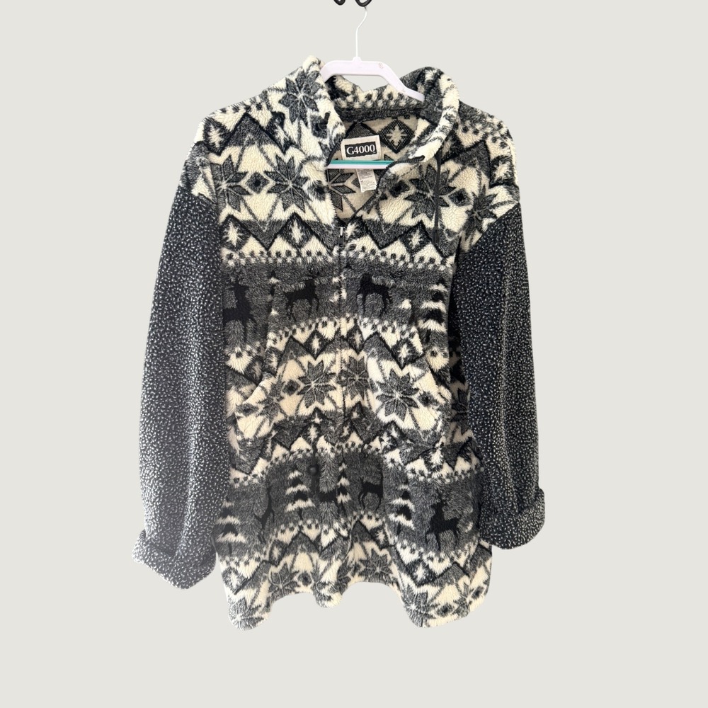 G4000 Vintage 90s Womens Fair Isle Reindeer Fleece Half Zip Pullover Gray M